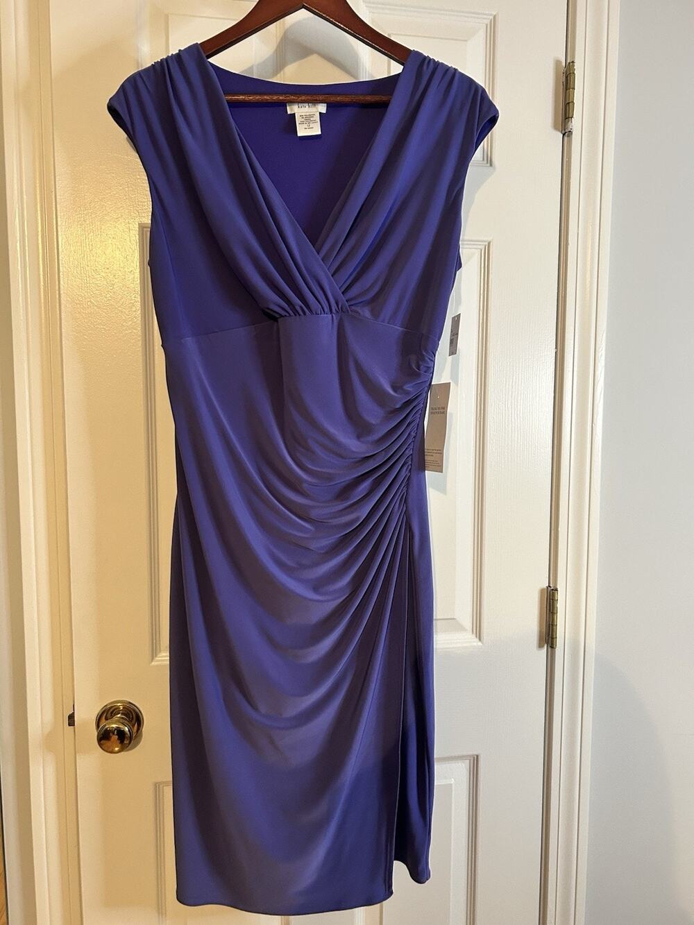 Kate Hill Womens 12 Purple Ruched V Neck Sheath Midi Dress NWT $134